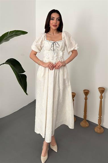 Toptan Ekru Dantel Detaylı Brode Elbise