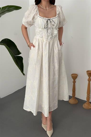 Toptan Ekru Dantel Detaylı Brode Elbise
