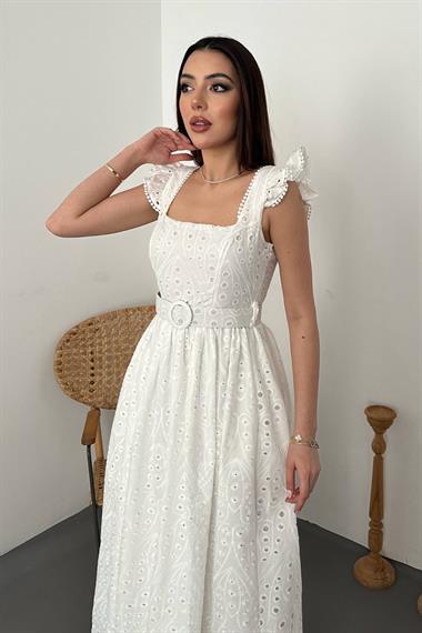 Toptan Ekru Dantelli Brode Elbise
