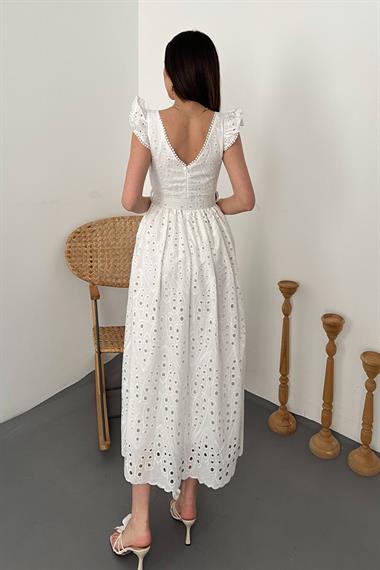 Toptan Ekru Dantelli Brode Elbise
