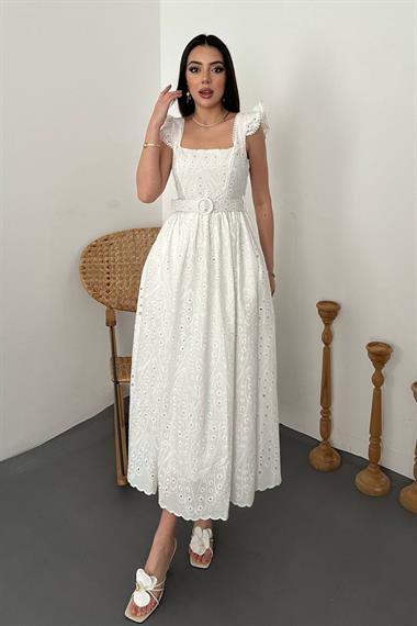 Toptan Ekru Dantelli Brode Elbise