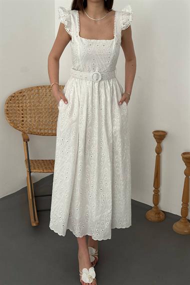 Toptan Ekru Dantelli Brode Elbise