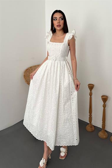 Toptan Ekru Dantelli Brode Elbise
