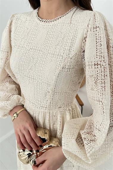 Toptan Ekru Dantelli Elbise