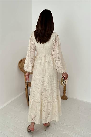 Toptan Ekru Dantelli Elbise