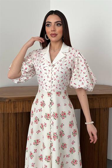 Toptan Ekru Dijital Baskılı Elbise