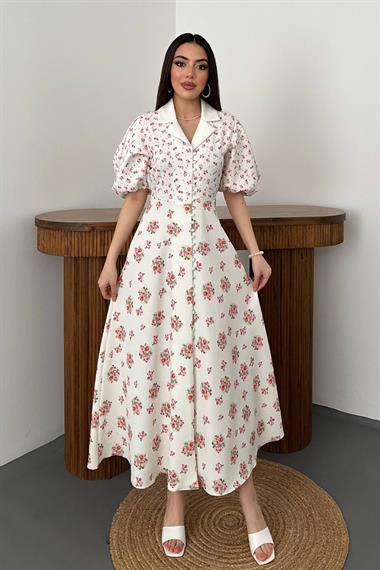 Toptan Ekru Dijital Baskılı Elbise