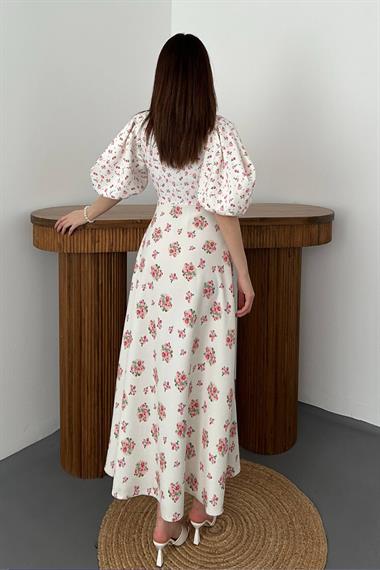 Toptan Ekru Dijital Baskılı Elbise