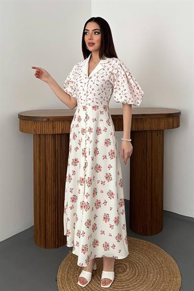 Toptan Ekru Dijital Baskılı Elbise