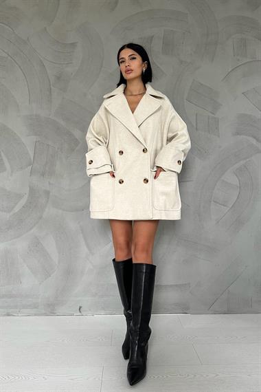 Toptan Ekru Düğmeli Light Kadın Kaban