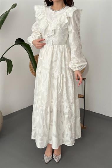 Toptan Ekru Fırfırlı Brodeli Elbise