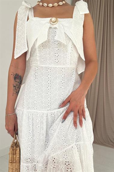 Toptan Ekru Fiyonk Bronşlu Brode Elbise