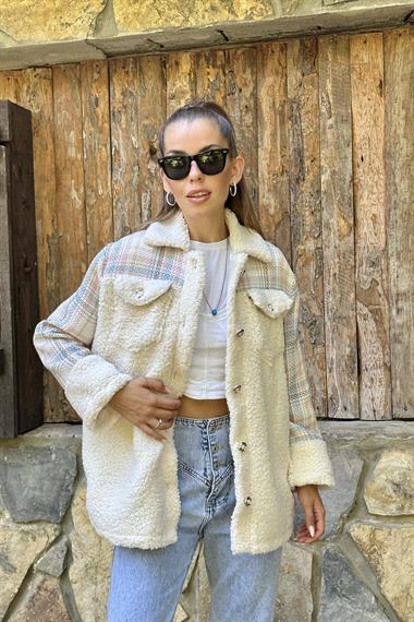 Toptan Ekru Garnili Kadın Kaban