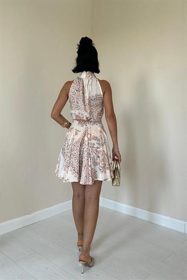 Toptan Ekru Halter Yaka Elbise