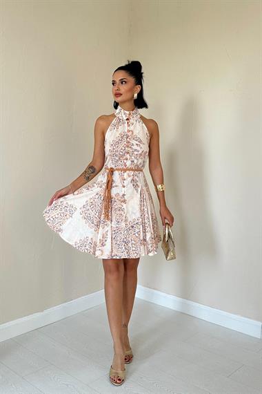 Toptan Ekru Halter Yaka Elbise