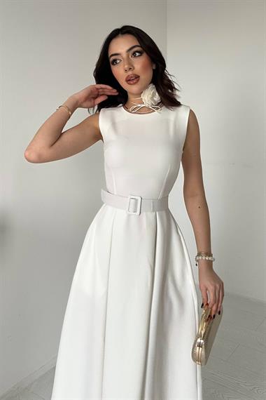Toptan Ekru Halter Yaka Kloş Elbise