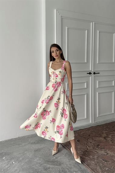 Toptan Ekru İnce Kemer Detaylı Elbise