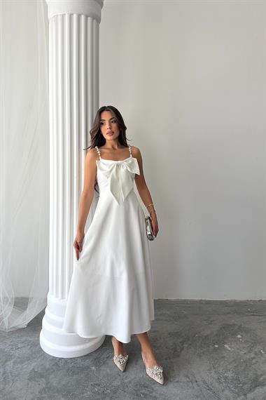 Toptan Ekru İnci Askı Detaylı Elbise