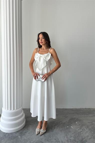 Toptan Ekru İnci Askı Detaylı Elbise
