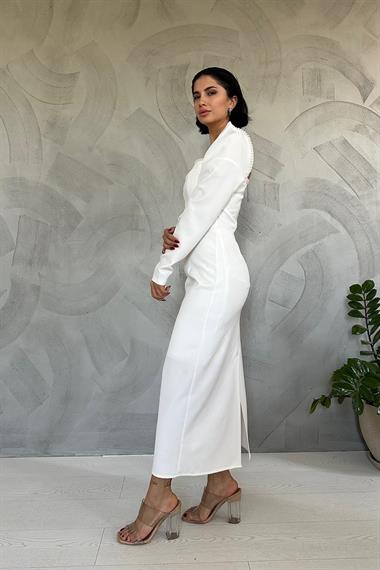 Toptan Ekru İnci Vatkalı Elbise