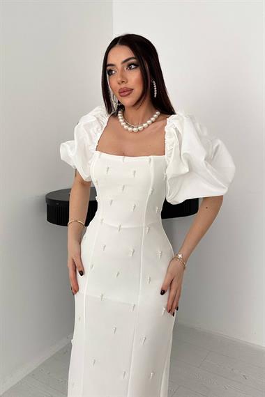 Toptan Ekru İşlemeli Kolu Garnili Elbise