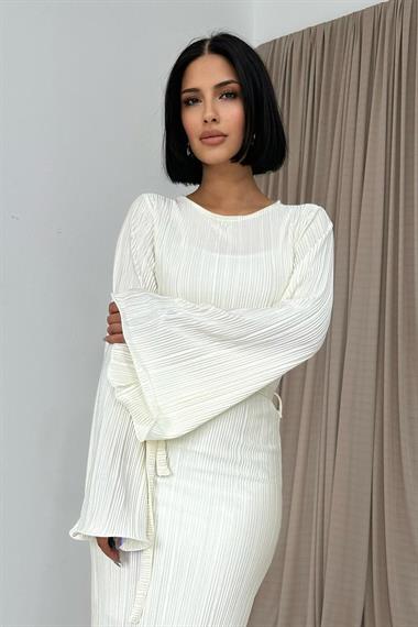 Toptan Ekru İspanyol Kol Piliseli Elbise