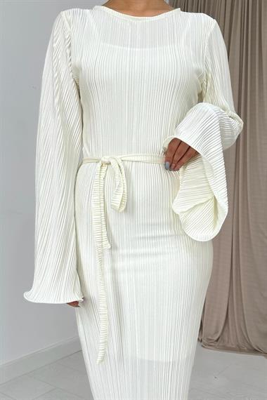 Toptan Ekru İspanyol Kol Piliseli Elbise