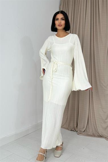 Toptan Ekru İspanyol Kol Piliseli Elbise