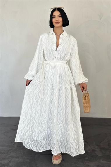 Toptan Ekru Jakarlı Şifon Elbise