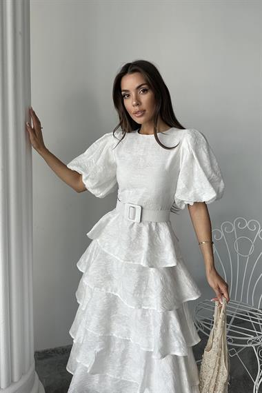 Toptan Ekru Kat Kat Balon Kollu Kemerli Elbise