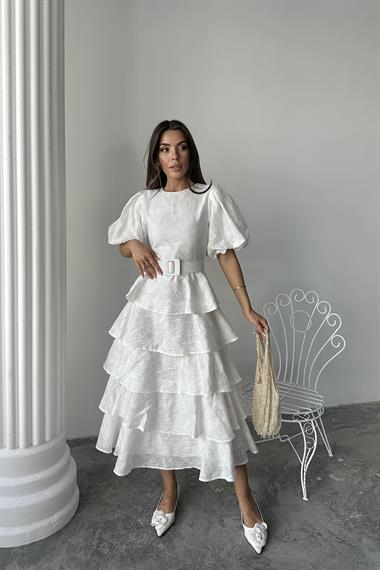 Toptan Ekru Kat Kat Balon Kollu Kemerli Elbise