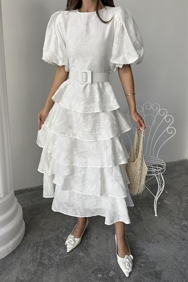 Toptan Ekru Kat Kat Balon Kollu Kemerli Elbise