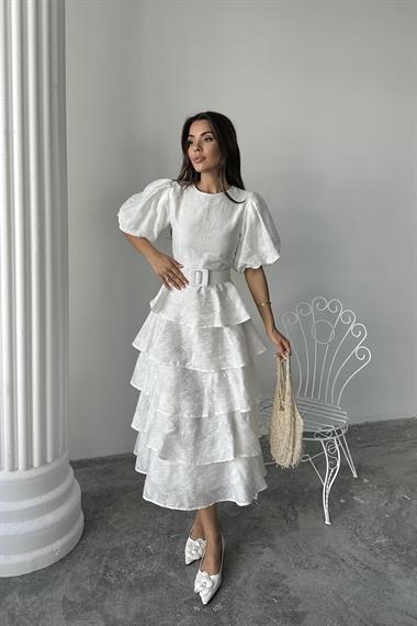 Toptan Ekru Kat Kat Balon Kollu Kemerli Elbise