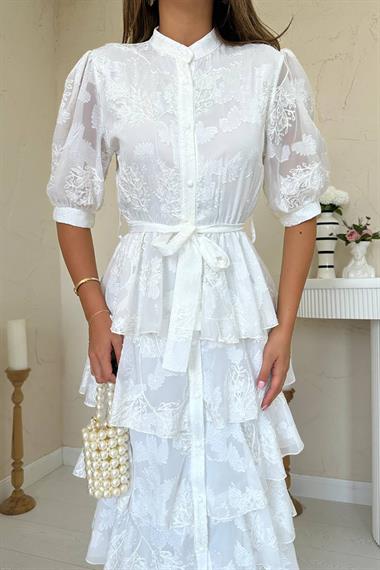 Toptan Ekru Kat Kat Desenli Elbise