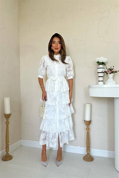 Toptan Ekru Kat Kat Desenli Elbise