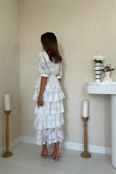 Toptan Ekru Kat Kat Desenli Elbise