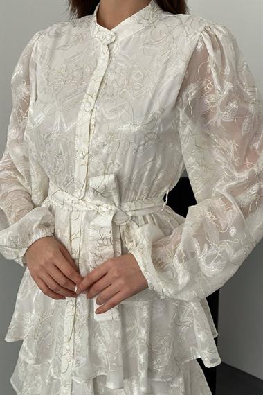 Toptan EKRU Kat Kat Jakarlı Elbise