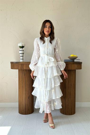 Toptan Ekru Kat Kat Kuşaklı Elbise