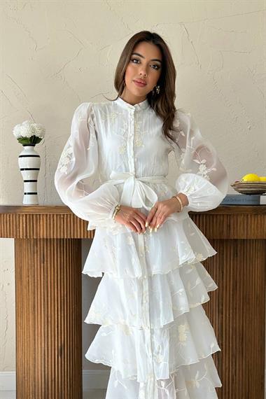 Toptan Ekru Kat Kat Kuşaklı Elbise