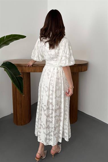 Toptan Ekru Kemerli Balon Kollu Elbise