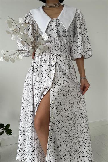 Toptan Ekru Kemerli Önlük Yaka Elbise