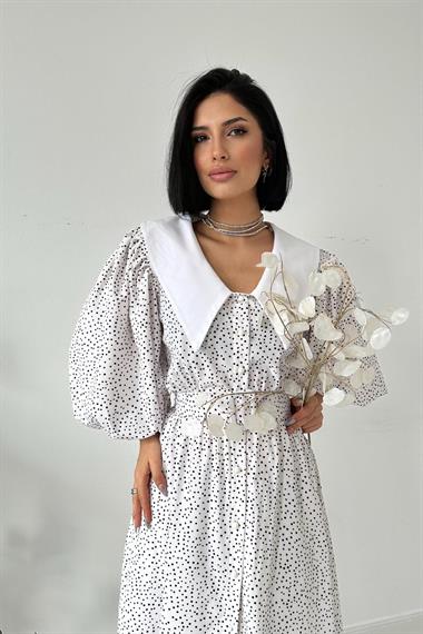 Toptan Ekru Kemerli Önlük Yaka Elbise