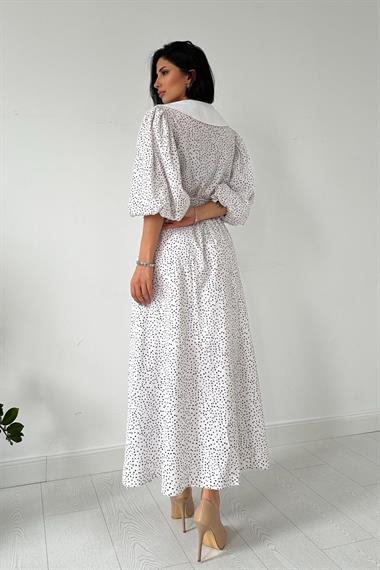 Toptan Ekru Kemerli Önlük Yaka Elbise