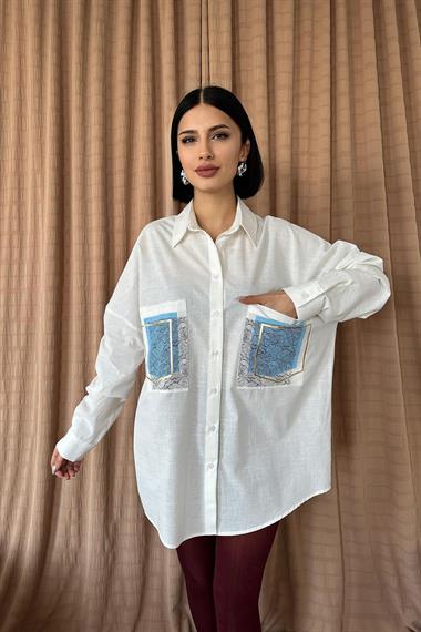 Toptan Ekru Keten Çift Cep Baskılı Gömlek