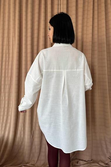 Toptan Ekru Keten Çift Cep Baskılı Gömlek