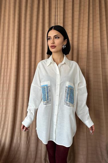 Toptan Ekru Keten Çift Cep Baskılı Gömlek