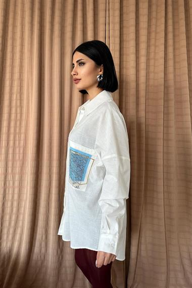 Toptan Ekru Keten Çift Cep Baskılı Gömlek