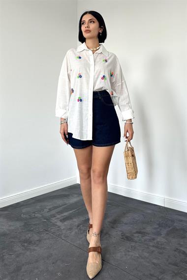 Wholesale Ecru Linen Classic Pattern Beaded Embroidered Shirt