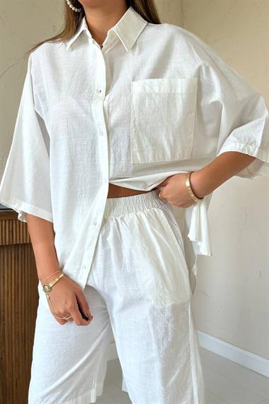 Toptan Ekru Kısa Kollu Keten Gömlek ve Şort Takım