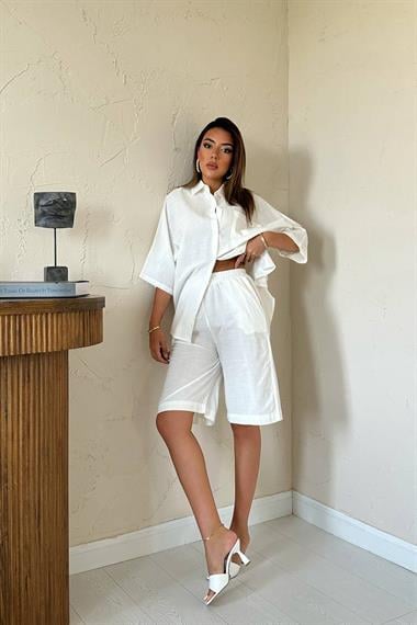 Toptan Ekru Kısa Kollu Keten Gömlek ve Şort Takım